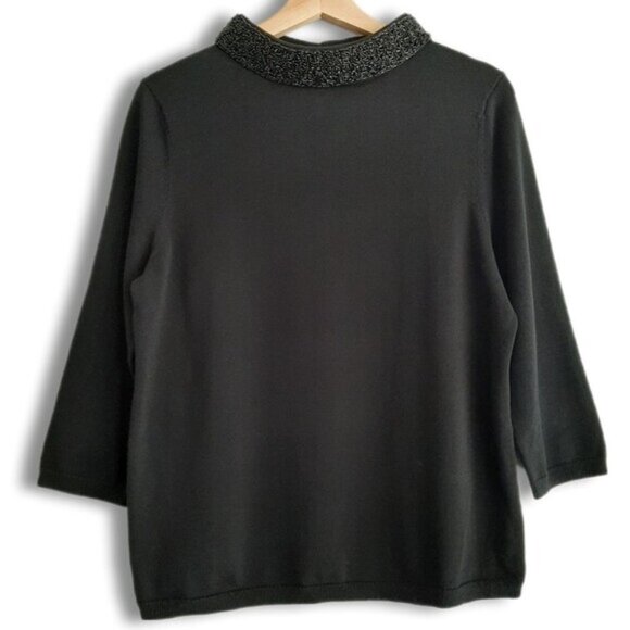 TALBOTS Beaded High Neck Fine Knit Sweater Top Seed Beads Black Sz L Petite - Picture 1 of 13